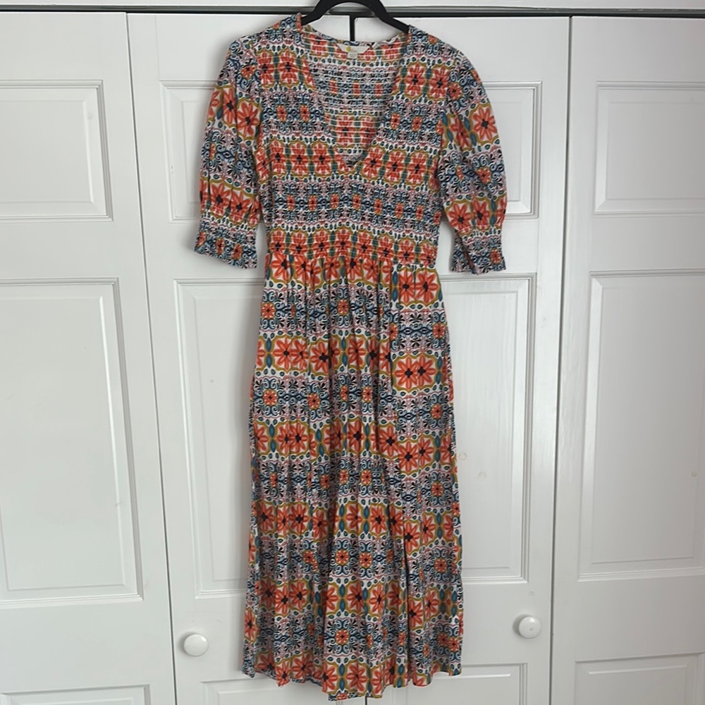 Boden Long Sleeve Dress with Orange and Blue Floral Pattern